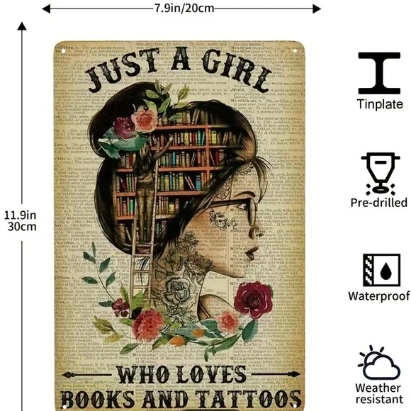 “Just A Girl Who Loves Books And Tattoos” Vintage Metal Tin Sign - Picture 1 of 2